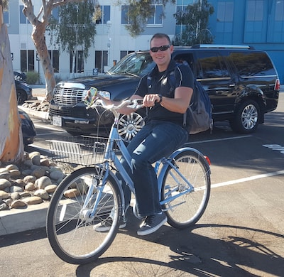 Me on one of the Facebook provided blue bikes that I used to move around the campus.